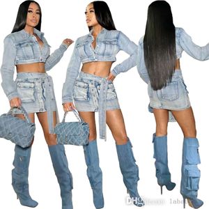 Denim kargo iki parçalı elbise seti kadın sokak kıyafeti seksi eşofman uzun kollu tek göğüslü mahsul ceketleri üst ve cepler kemer mini etek seti 2 adet takım elbise