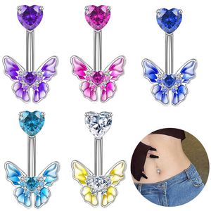 Anéis de botão de sino de umbigo para mulheres de aço inoxidável piercing corporal anéis de cristal de barriga cor prata amor coração amanteigado