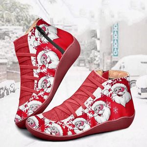 Stövlar PU Läder Ankle Boots Vintage Lace Up Women Santa Claus Printing Zipper till jul D88 231113