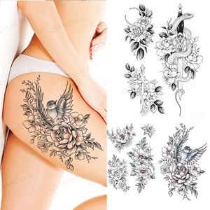 Livros de tatuagem Flora preta rosa rosa impermeável Pássaro temporário cobra sexy braço de braço geme henna moda grande adesiva de manga falsa 231113