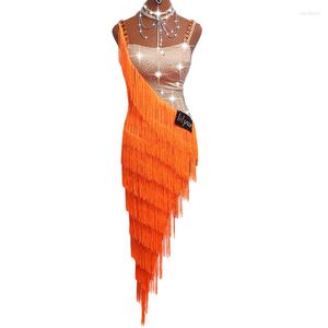 Stage Wear Sexy Latin Dance Dresses For Ladies Orange Cocktail Braces Young Female Women Ballroom Tutu Tassel DM1035