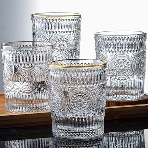 Tumblers INS Nordic Glass Water Cup Wind Retro Relief Phnom Penh Round Sunflower Cold Drink Milk Tea Shop Juice 230413