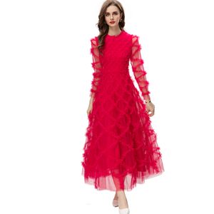 Frauen Runway Kleider O Hals Lange Ärmel Mesh Rüschen Plaid High Street Designer Abendkleid Vestidos