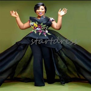 Sexy Black Jumpsuit African Evening Dress With Colorful Flowers Black Girls Plus Size Prom Pantsuit With Overskirt Elegant Formal Great Gatsby Robe De Mariage 2024