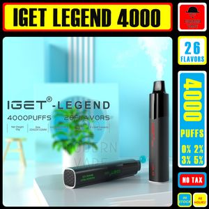 Oryginalny IGET Legend 4000 Puff Ujeżdżalne elektroniczne papieros Pen Pen 800 mAh Bateria 2% 5% 6% Korejne strąki Zestaw parowy Iget 4K Puffs w magazynie