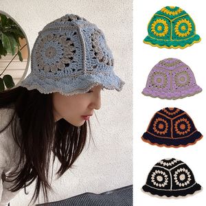 Beanieskull Caps Korean Hollow Knitte Hat Women Handmade Crochet Basin Hat Spring Summer Sunscreen Sun Hat Female 230413