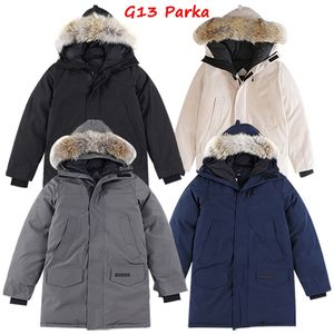 6 colori Abbigliamento firmato Alta qualità Canada G13 Langford Parka Cappotto da uomo Piumino da donna Lupo Vera pelliccia Piumino d'anatra bianco Parka invernale Giacca da donna con distintivo S-XXL