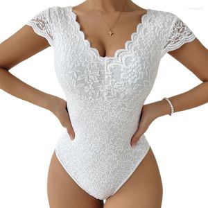 Damen Shapers Sexy Bodys mit V-Ausschnitt Solid White Lace Body Shaper Feminino Kurzarm Streetwear Club Slim Jumpsuit Damen Strampler Koreanisch