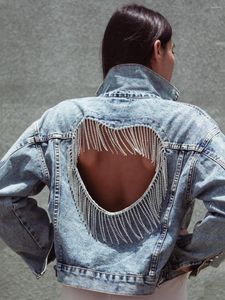 Kvinnors jackor denim jacka kvinnlig ljusblå diamant tassel kappa enbröd öppen rygg kvinnor jeans 2023 höst modekläder