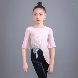 Stage Wear Girls Pink Butterfly Latin Dance Tops Half Sleeve Tango Ballroom Dancing Costume Rumba Smaba ChaCha Practice Dancewear YS5216