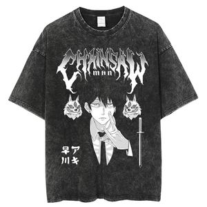 Kadın T-Shirt Harajuku Chainsaw Adam Tişörtlü Erkekler Hip Hop Vintage Washed Büyük Boy Anime Tişörtleri Kadınlar Sokak Giyim Tees% 100 Pamuk T-Shirt 230413