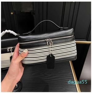 Mini Box women streak Makeup Bag Extra Pocket Pouch With Wide Opening Crafted From Butter Soft Calf Leather And Canvas Stripe Women