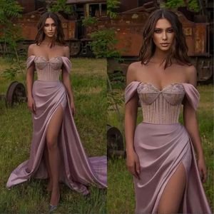 Off The Shoulder Satin Dusty Pink Split Mermaid Evening Dresses Sexy 2023 Prom Gowns