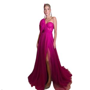 FDHAOLU A-Linie Tüll Fuschia Ballkleider Eine Schulter Knochen Schlitz Bodenlangen Damen Abendkleid Langes formelles Kleid für besondere Anlässe