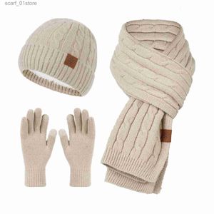 Hats Scarves Sets Womens Hat Scarf and G Sets Winter Knitted Keep Warm Soft Thick Three Piece Set Christmas Female Fleece Warm Scarf SetL231113