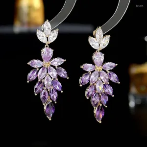 Orecchini pendenti Moda Lusso Viola Cubic Zirconia Foglia Goccia Per Le Donne Corea Sposa Abito Da Festa Di Nozze Accessorio Gioielli Di Alta Qualità