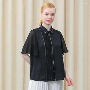 Kvinnors blusar silke jacquard mystiska svart polo-hal lotus blad kort ärm georgette sömmar asymmetrisk ol ljus mogen skjorta be662