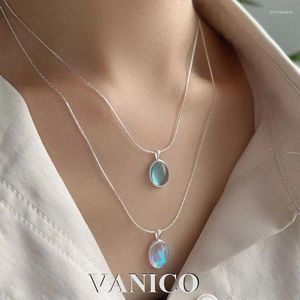 Hängen Dainty Oval Blue Crystal Necklace 925 Sterling Silver Minimalist Simple Moonstone and Aquamarine Gemstone Pendant Halsband