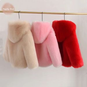 Coat Fashion Baby Girl Faux Fur Jacket With Hat Infant Toddler Child Warm Fluffy Winter Long Sleeve Outwear Clothes 110Y 231113
