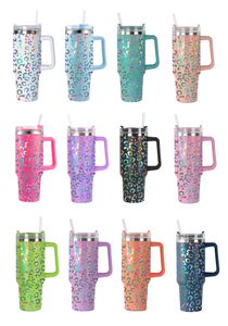 UV Leopard 40oz Handle Tumblers 1200 ml rostfritt stål vattenflaskor Färgglada drickskoppar Dubbelväggisolerad tumlare grossist A12