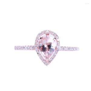 Pierścienie klastra Helon Solid 10k Rose Gold Pear 7x5mm Naturalny Morganite Diamonds Wedding Wedding Pierłogość dla kobiet Trendy Fine Jewelry Gift