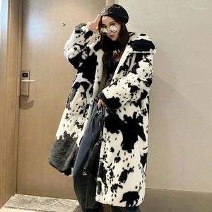 Women's Trench Coats 2024 Hooded Coat Lengthened Oversize Overcoat Parka Jacket Winter Faux Fur Women Thickened Cow Pattern Outerwear