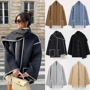 Damenjacken 2024 Frauen Splice Kaschmirmantel mit Schal Chic Langarm solide gesteppte dicke Jacke lose 2023 Herbst Winter warm