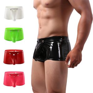 Underbyxor smarta-menmode mäns sexiga boxershorts pu faux läder underkläder crotchless bulge penis påse trosor våtlook fetisch costumu