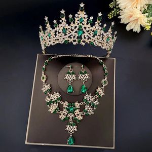 Necklace Earrings Set Baroque Vintage Green Crystal Bridal Rhinestone Tiara Crown Stud Choker Wedding Dubai Jewelry