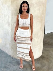 Two Piece Dres Y2K stickade uppsättningar 2023 Summer ärmlösa grödor Bodycon delade långa kjolar Bohemian Club Sexig strandkläder 230413