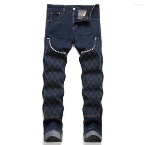Men's Jeans Men Punk Rivet Check Embroidery Patch Stretch Denim Pants Slim Straight Trousers