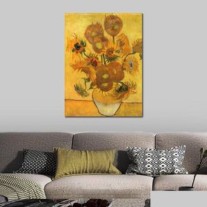 Paintings Handmade Canvas Art Still Life Vase With Fifteen Sunflowers Vincent Van Gogh Painting Impressionist Artwork Bathroom Decor Dhdy2