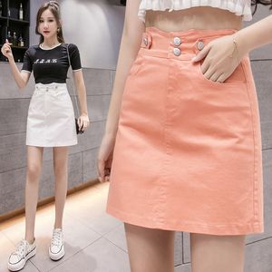 Etekler bodycon denim etek sonbahar kadınlar elastik yüksek bel düğmesi cep Kore Kawaii ofis tikalı vintage beyaz mini kot pantolon 230413