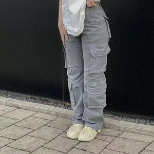 Vintage lastbyxor baggy jeans kvinnor mode 90 -tals streetwear fickor bred ben hög midja rak y2k denim byxor overall 2304124