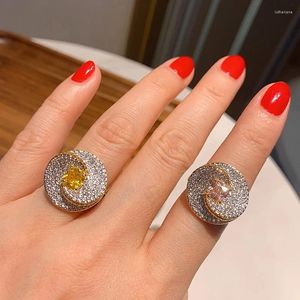 Cluster Rings Funmode Micro Cubic Zircon Pave Pink Yellow Flower Adjustable For Wedding Accessories Naija Finger Ring Wholesale FR318