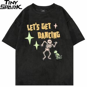 メンズTシャツメンズストリートウェアTシャツ面白いダンシングスケルトンスカルグラフィックTシャツサマーハラジュクTシャツヒップホップトップスティーコットンブラック230413