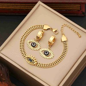 Hip Hop 18k Cuban Chain Bracelets Necklaces Earrings Set Dubai Gold Turkey Black Devil Eyes Earring Stainless Steel Jewelry Sets