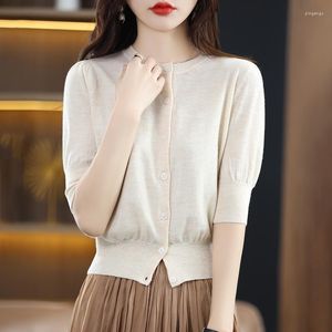 Malha feminina feminina cardigan primavera/verão fino lmitation lã meia manga redonda de pescoço de malha fina camiseta curta solta slim