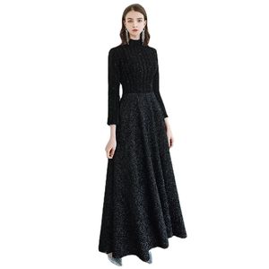 Black Long Sleeves Black High Neck Prom Dresses A-line Evening Party Gowns Custom Made Plus Size Sexy Prom Gown