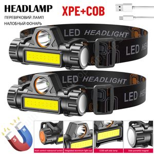 Lâmpadas de cabeça Xpecob LED de farol de luz dupla fonte de luz Tocha USB Luz de cabeça de escurecimento por cabeça recarregável para camping pesca p230411