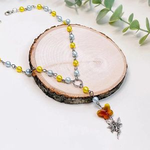 Naszyjniki wiszące bajki żółty i niebieski mini różaniec motyl Cottagecore Fairy Jewelry Pixiecore