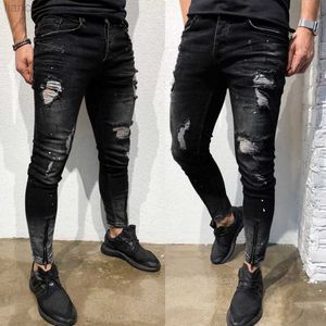 Jeans masculinos Men Fashion Street Hole Black Lápis Pants Motocicleta Partema Casual Denim Zipper Design Cool #LR2 W0413
