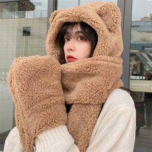 Hats Scarves Sets Lamb Velvet Hat Woman Winter Warm And Cold Hooded Scarf Gs 3-in-1 Sets Female Cute Bear Ear Protection Cotton C With EarsL231113