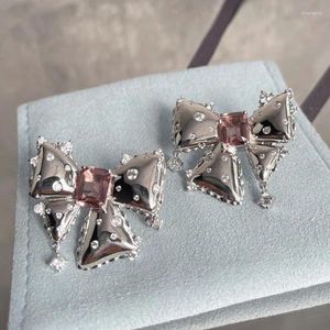 Stud Küpe Ponykiss Ins Trendy 925 Gümüş Şişme Bowknot Kelebek Pembe Zirkon Kadınlar için Güzel Güzel Takılar