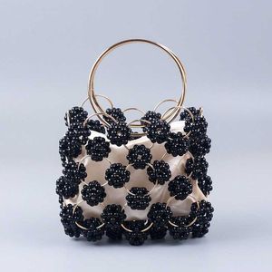 New Arrivals Handmade Black Ball Beaded Handbag Gold Metal Handle Elegant Women's Bag High Quality Hollow Out Evening Bag Clutch
