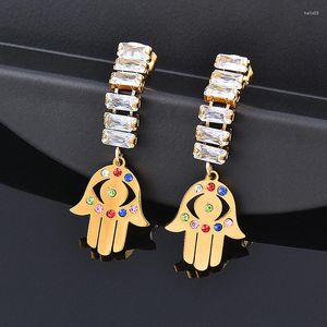 Dangle Earrings LEEKER 316L Stainless Steel Hand Of Fatima Hamsa Long Drop For Women Red Blue Cubic Zirconia Party Jewelry 932 LK3