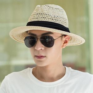 Berets Summer Treasable Hollow Beach Hat أعلى جودة رعاة البقر القش واسعة الحافة قابلة للطي الرجال Fedora مع حزام أسود