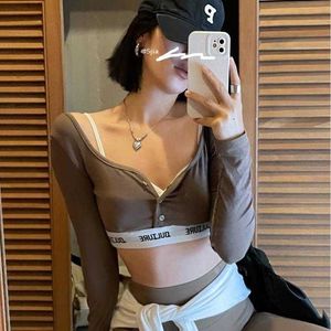 Chic Letter Sports Womens T Shirt Style Short Button Midriff Outfit Sunken Stripe