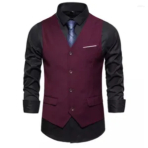 Gilet da uomo Gilet da lavoro Abito formale da lavoro Gilet Smoking da uomo Blazer bordeaux Scollo a V monopetto 3 tasche