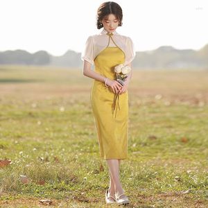 Etnisk kläder sommar elegant gul qipao förbättrad kortärmad cheongsam kvinnors kinesiska festklänning